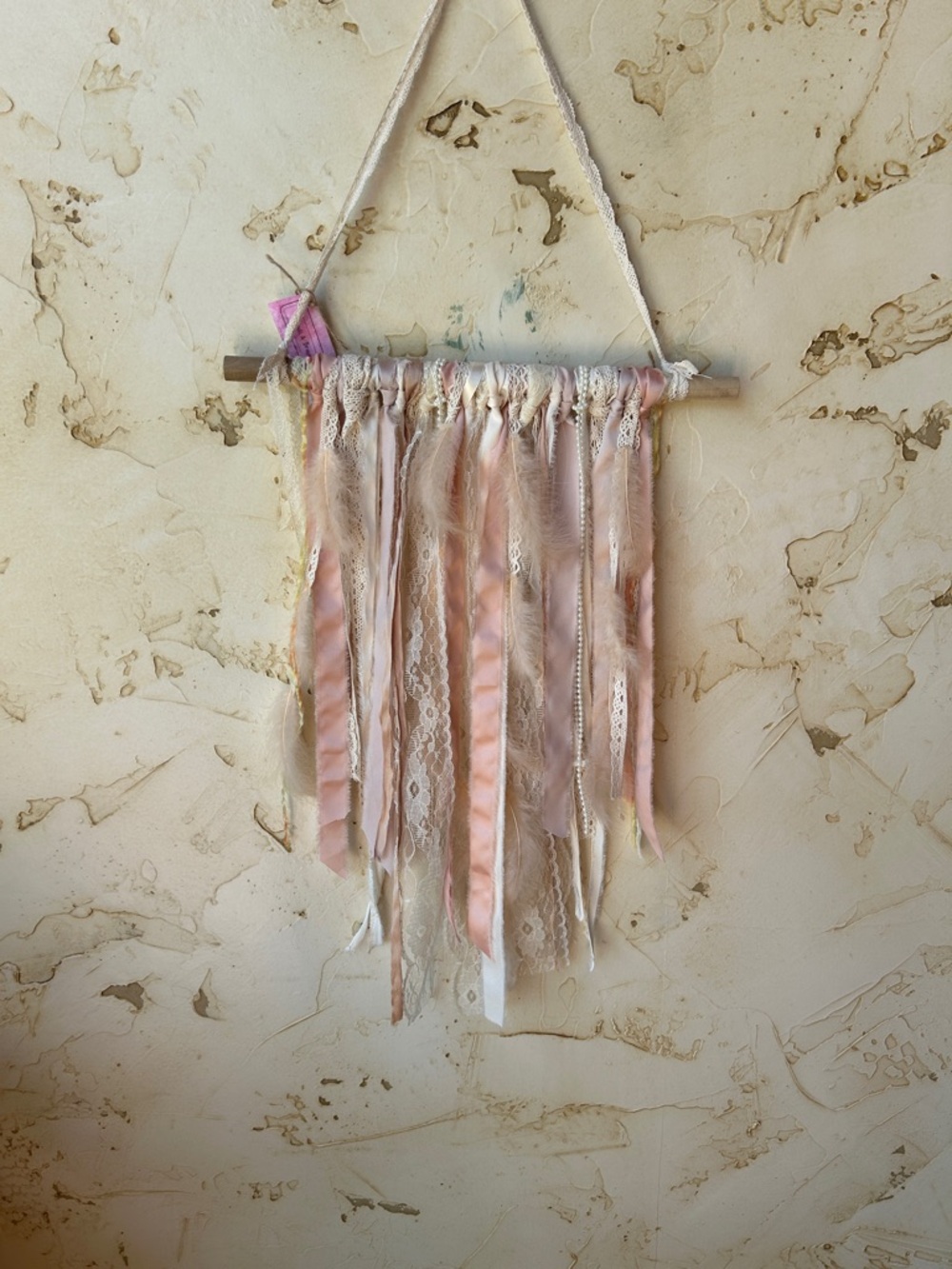 NWT Boho Wall Hanging Peach Ivory Lace Pearl Feathers Nursery Decor Wedding Gift